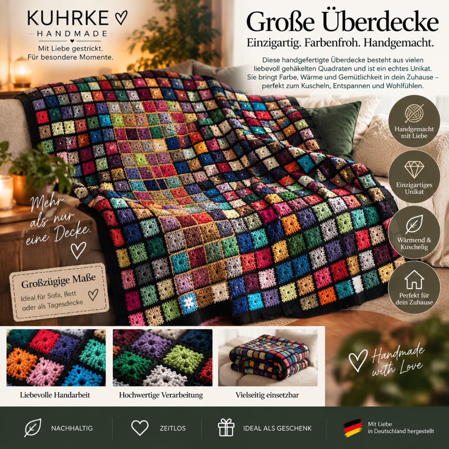KUHRKE Handmade Große Überdecke, gehäkelt