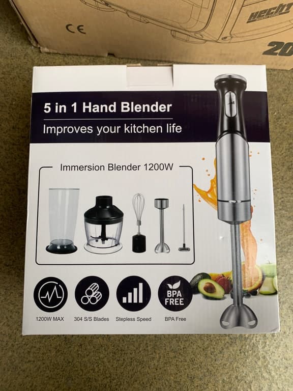 5 in 1 Hand Blender Stab-Mixer 1200W BPA-frei (Pürierstab + Becher + Häcksler + Schneebesen)