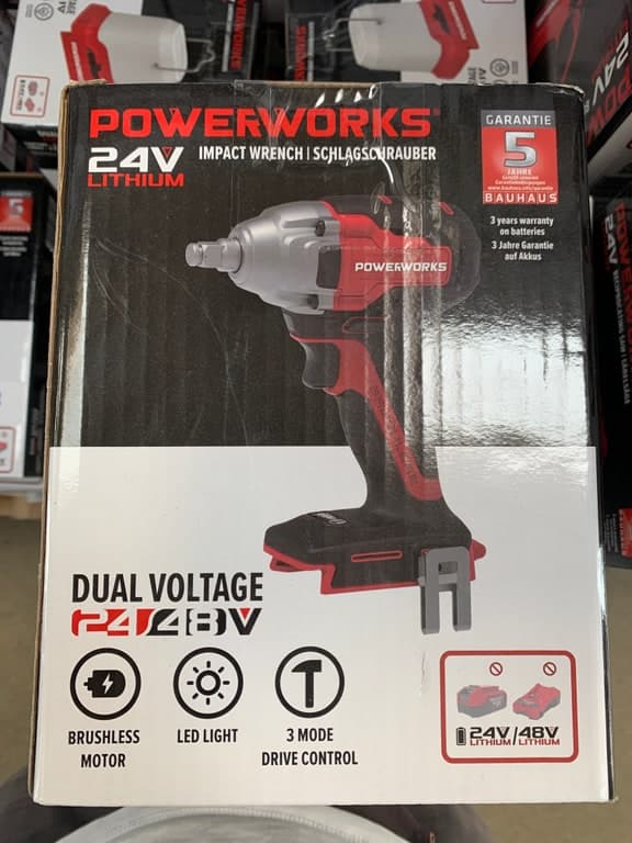 Powerworks Dual Voltage 24V/48V Akku-Werkzeug rot (vermutlich Akku-Bohrschrauber)